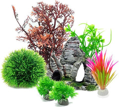 Aquarium Fish Tank Plastic Plants and Cave Rock Decorations Set 7 PCS, Small and Large Artificial Fish Tank Plants with Cave Rock Fish Tank Accessories Style B