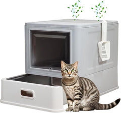 Enclosed stainless steel cat litter box with Lid, Drawer design, Litter scoop, Durable PS material, and Odor control filter, Ideal for Small to Large cats, Easy to clean, 50 cm