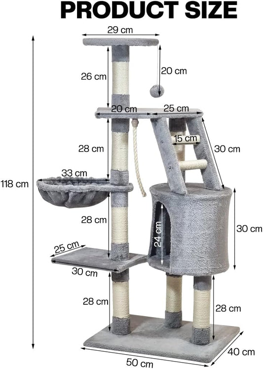 Modern cat tree with Enclosed cat condo, Plush perch, Cozy Hammock, Sisal scratching post, and climbing ladder, Sturdy multi-level cat tower for Indoor cats & Kittens, Easy assembly, 118 cm (Grey)