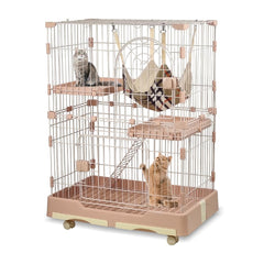 NNC PETS Large Cat Cage Indoor with Cozy Hammock - 2-Tier Metal Wire Cat Crate with 2 Lockable Doors - Climbing ladder, Removable Tray & Universal Wheels - Easy Assembly, 102 cm (Pink, Medium)
