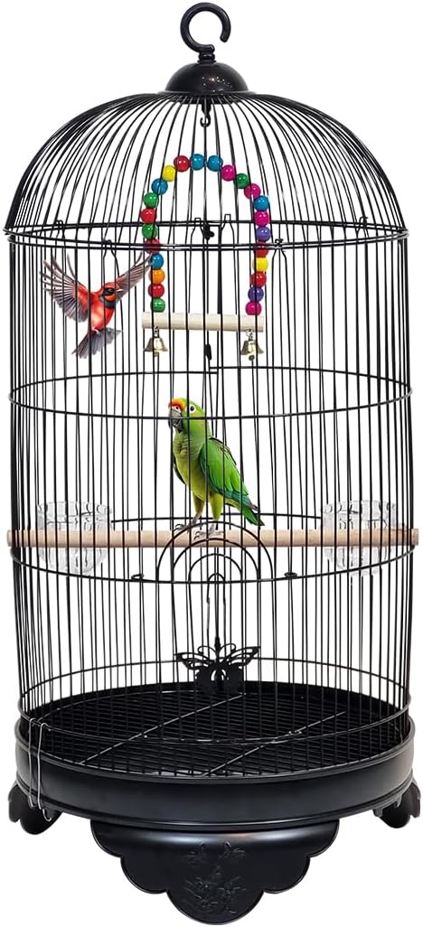 Metal Bird Cage with Durable, Hanging Hook, Feeders and Play Toy, 70 cm Spacious Indoor Bird House For Parrots, Budgies and Small Birds, Portable and Easy to Carry for Outdoor Activity (Black)