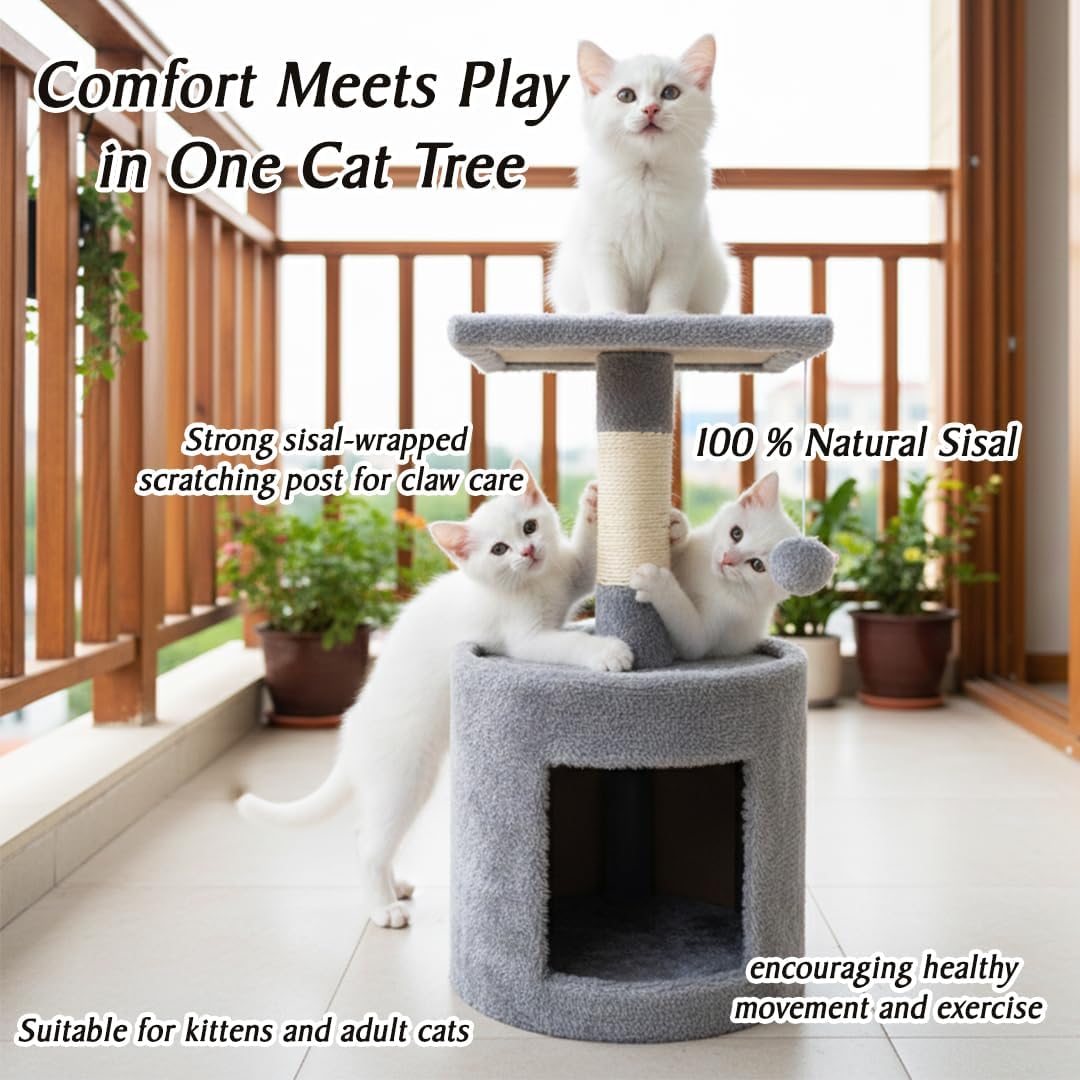 Modern cat tower with Hideaway cave and Hanging ball, Space saving design, Easy to fix and Portable, 59 cm Cat activity tree with Scratching pole, Protect furniture for Indoor cats and kittens