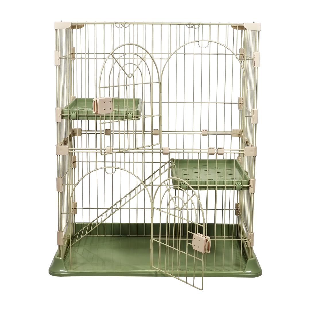 NNC PETS Cat Cage Kennel with 2-lockable Doors - 2-Tiier Metal Wire Pet Cat House Playpen for Indoor Cats - Cozy Hammock, Climbing Ladder, Drawer Tray & Universal Wheels, Easy Assembly (Green, 88 cm)
