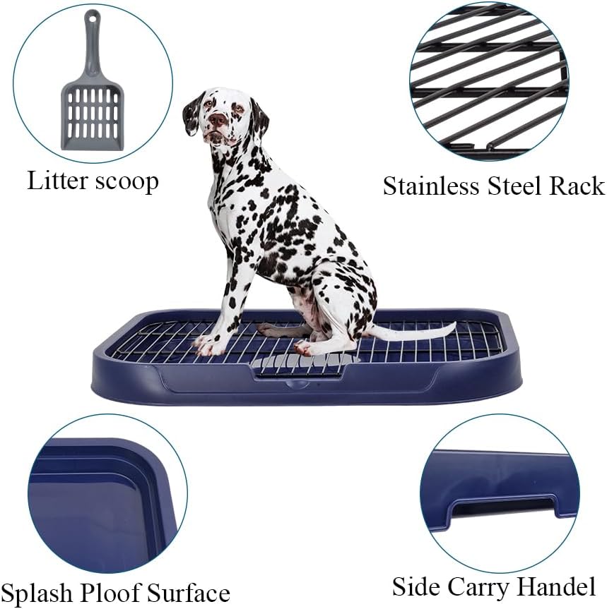 Dog toilet tray with Litter scoop, Carry handle, and Detachable stainless steel grid, Leak-proof pet training tray for small to medium dogs, Dog toilet keeps paws and floor clean 54 cm (Blue)