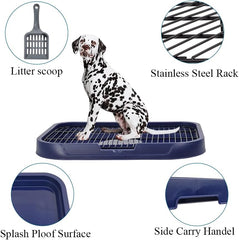 Dog toilet tray with Litter scoop, Carry handle, and Detachable stainless steel grid, Leak-proof pet training tray for small to medium dogs, Dog toilet keeps paws and floor clean 54 cm (Blue)