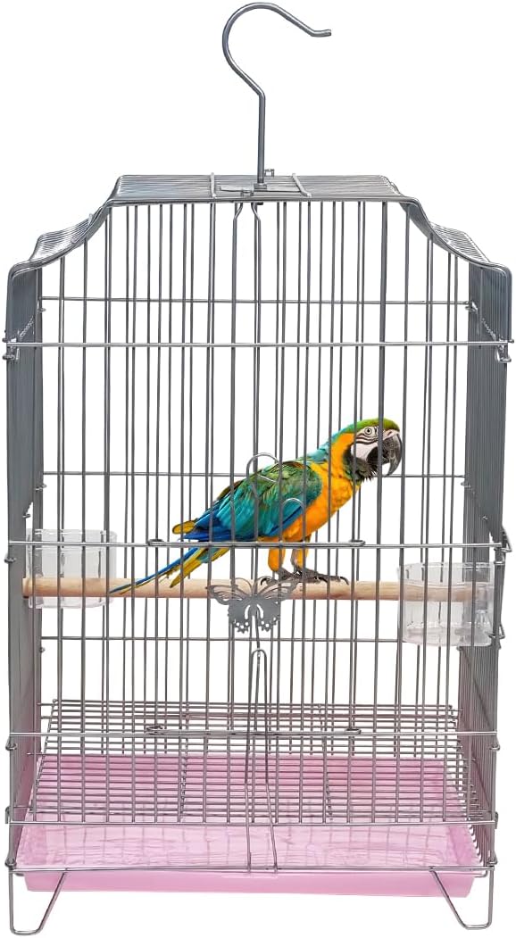 Heavy-Duty Bird Cage with Hanging Hook, Durable Metal Wire, Portable, 54 cm Parrot Cage with Perch, Feeding Cups, and Removable Tray, Indoor Bird House for Cockatiels and Small Birds, Silver
