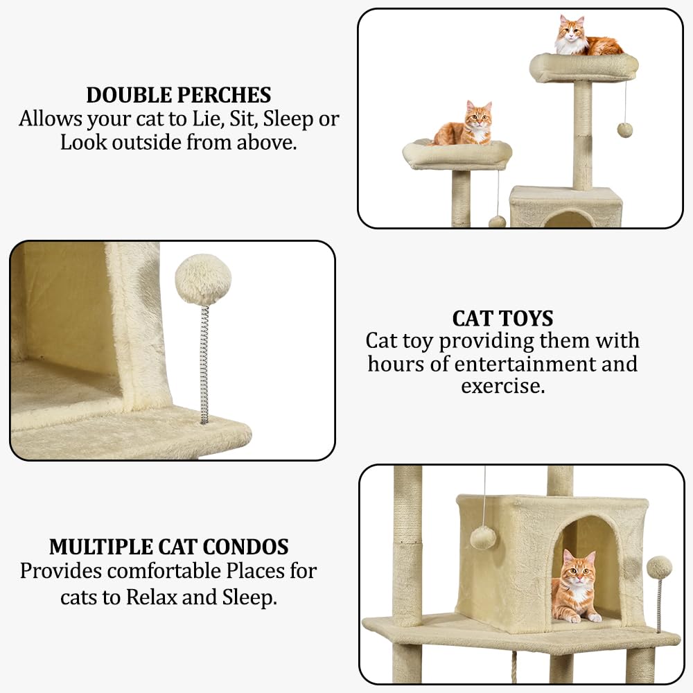 Cat Tree for Big Cats with Top Soft Plush | Paw Shape Perch & Hammock, Multi-level Cat Tower with Cozy Condo | Fun Ladder & Scratching Posts | Indoor Cat Tower House (Beige, 180 cm)