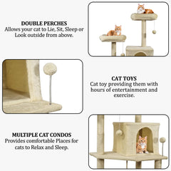 Cat Tree for Big Cats with Top Soft Plush | Paw Shape Perch & Hammock, Multi-level Cat Tower with Cozy Condo | Fun Ladder & Scratching Posts | Indoor Cat Tower House (Beige, 180 cm)