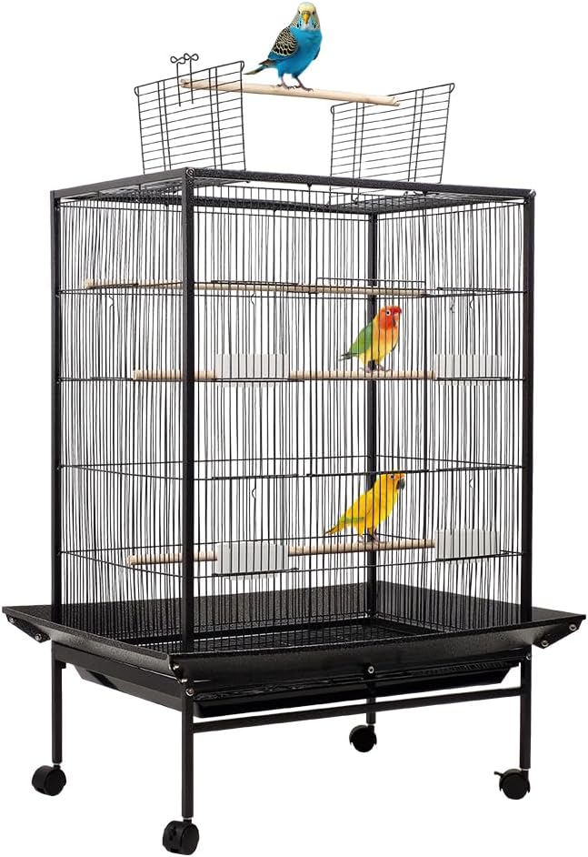 Bird cage open -top standing bird with removable tray, Multiple feeding bowls and, Perches,Wrought Iron bird cage for Lovebird, Cockatiel, and small sized birds 95cm (Black)