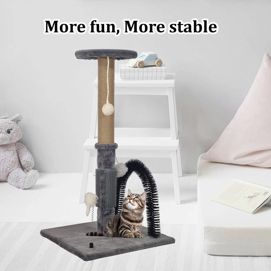 Cat tree scratcher with Perch, Hanging toys, Natural sisal scratching post, Punching toy, and Arch self-grooming brush, Cat climbing tower for indoor cats, Easy to assemble 76 cm (Grey)