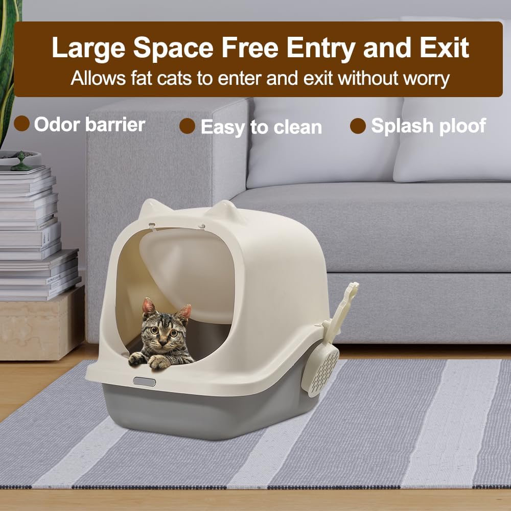 Fully-enclosed cat litter box with Durable plastic, Carrying handle, Sand filter holes, and Litter scoop, Splash-proof cat toilet for Indoor cats & kittens, Easy to clean 45 cm