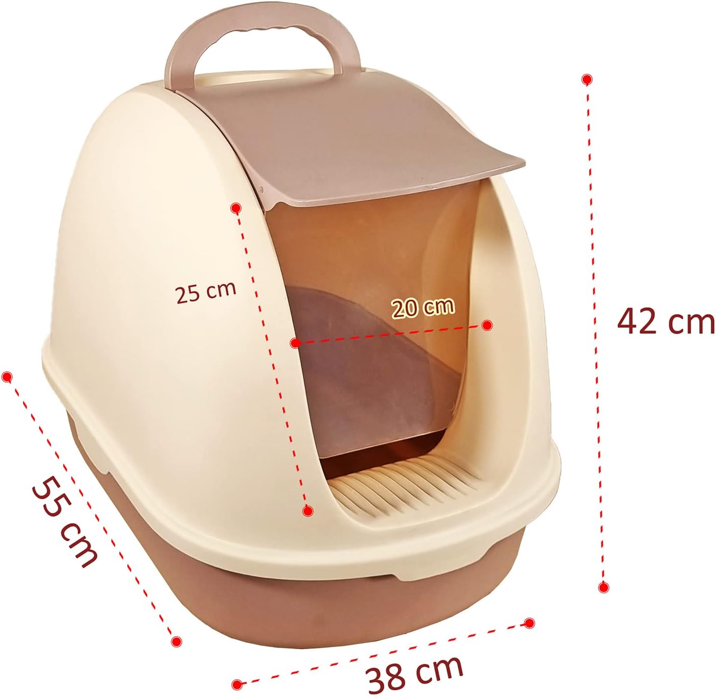 Fully-enclosed cat litter box with Portable handel, Flip cover entrance, Litter scoop, and Detachable design, Durable plastic cat toilet, Ideal for indoor/outdoor use, Easy to clean 38 cm