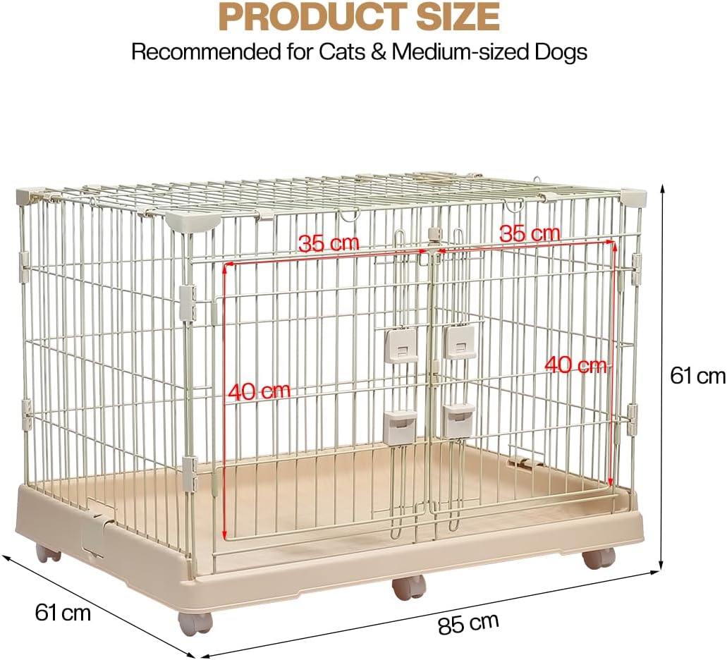Metal Cat Cage Kennel for Cats & Small Dogs, Durable Pet Playpen with Lockable Doors, Metal Frame, Rolling Wheels, and Leak-Proof Base, Ideal for Indoor/Outdoor Use, 85 cm, Beige