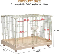 Metal Cat Cage Kennel for Cats & Small Dogs, Durable Pet Playpen with Lockable Doors, Metal Frame, Rolling Wheels, and Leak-Proof Base, Ideal for Indoor/Outdoor Use, 85 cm, Beige