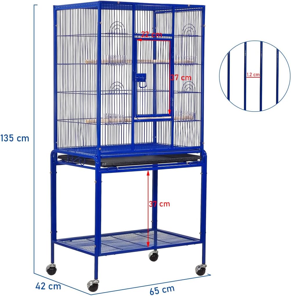 Bird Cage for Small to Medium-Sized Birds - Bird House & Parrot Cage - Detachable Rolling Stand, Wooden Perches, Feeding Cups, Slide-Out Tray, Storage Shelf, and Universal Wheels - 135 cm