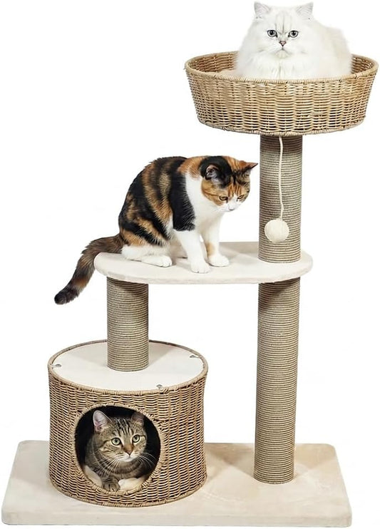 Cat tree with Scratching Post, Wicker basket, Hand-woven condo, and Dangling ball, 97 cm Indoor cat furniture for all cats, Multi-level cat tree, Easy assembly, & Cat climbing tower (Beige)