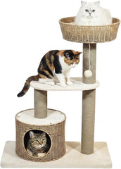 Cat tree with Scratching Post, Wicker basket, Hand-woven condo, and Dangling ball, 97 cm Indoor cat furniture for all cats, Multi-level cat tree, Easy assembly, & Cat climbing tower (Beige)