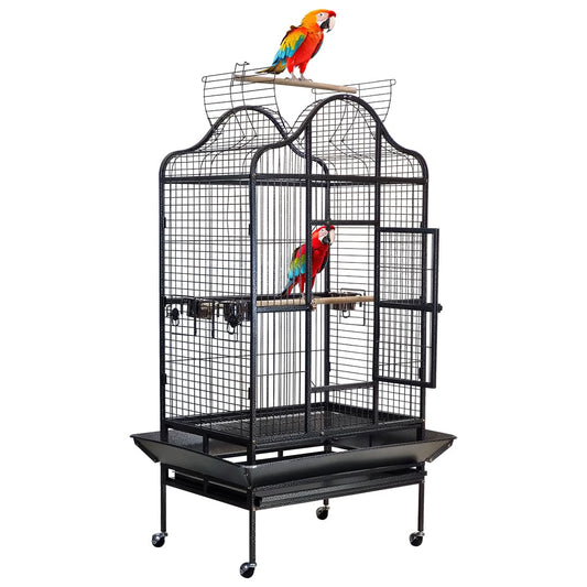 Bird cage with Open-top design, Food bowls, Wooden perches, Seed guard, Slide-out tray, and Universal wheels, Large bird cage for African grey parrots, Cockatiels, Easy assembly, 168 cm (Black)