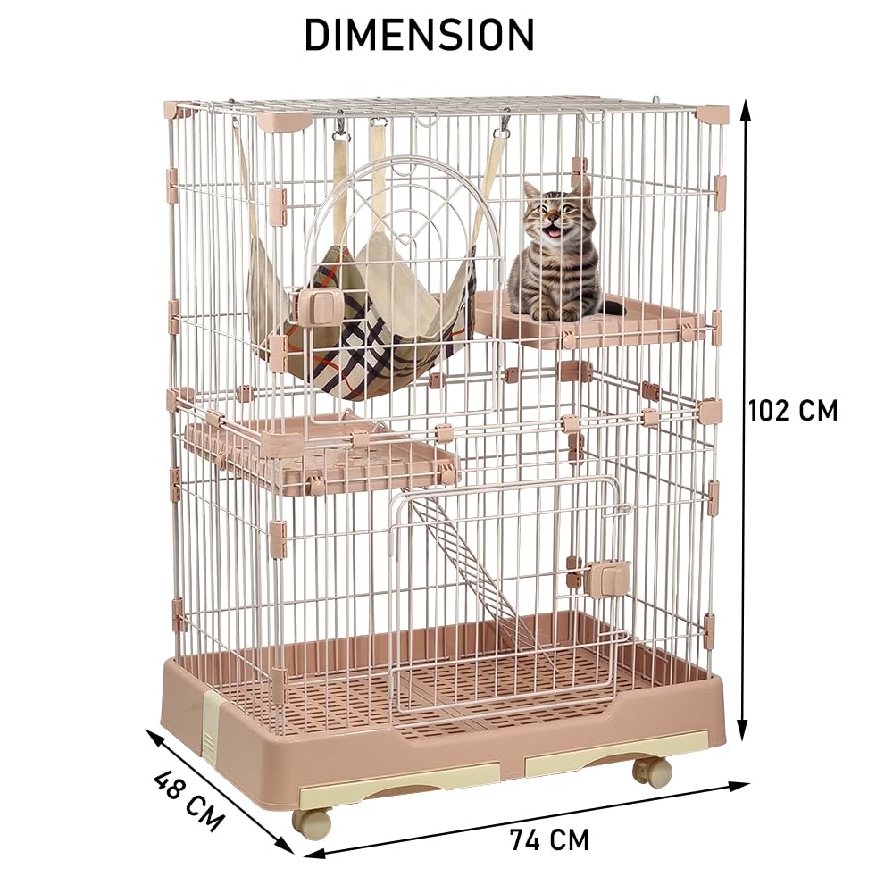 NNC PETS Large Cat Cage Indoor with Cozy Hammock - 2-Tier Metal Wire Cat Crate with 2 Lockable Doors - Climbing ladder, Removable Tray & Universal Wheels - Easy Assembly, 102 cm (Pink, Medium)