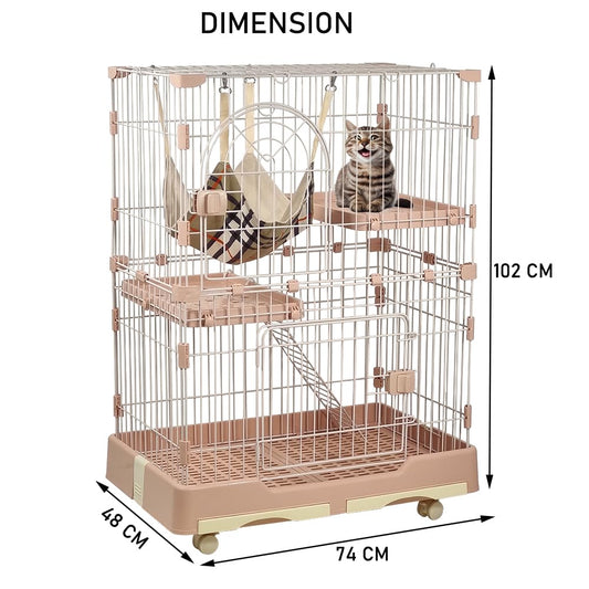 NNC PETS Large Cat Cage Indoor with Cozy Hammock - 2-Tier Metal Wire Cat Crate with 2 Lockable Doors - Climbing ladder, Removable Tray & Universal Wheels - Easy Assembly, 102 cm (Pink, Medium)