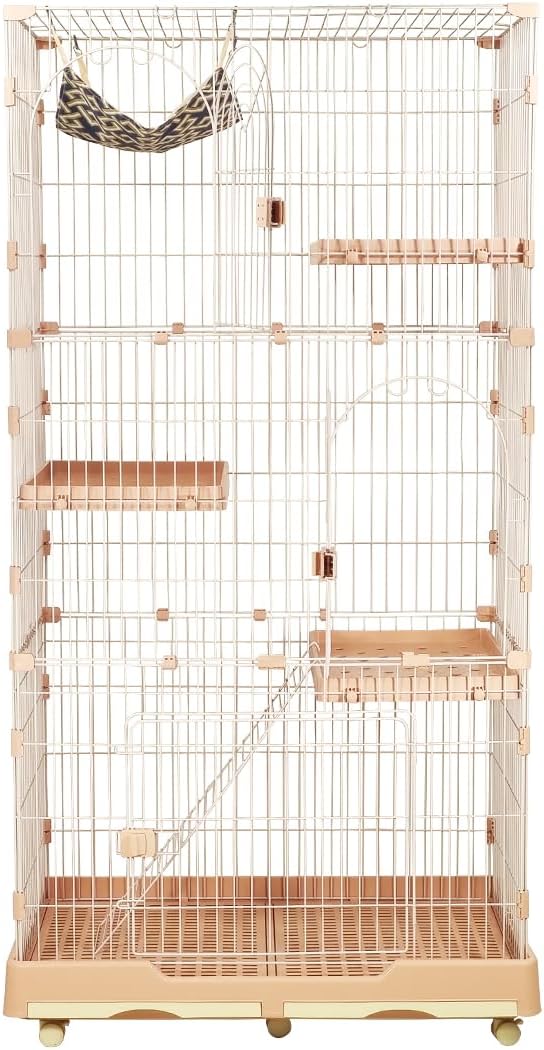 Large cat cage with 3 lockable doors, Hammock, Wide platforms, Climbing ladder, Removable tray, and Universal wheels, Durable metal wire cat cage for indoor & outdoor, Easy assembly 190 cm (Pink)