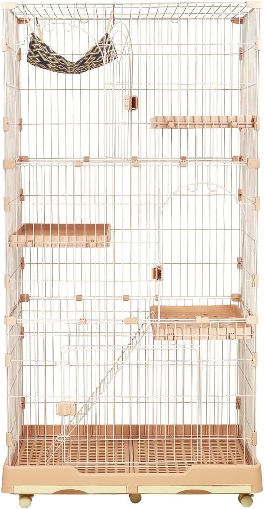 Large cat cage with 3 lockable doors, Hammock, Wide platforms, Climbing ladder, Removable tray, and Universal wheels, Durable metal wire cat cage for indoor & outdoor, Easy assembly 190 cm (Pink)