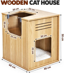 Wooden Cat Tree House with Sisal Scratching Panel, Soft Cushion, Clear Acrylic Door and Ventilation Slots, Indoor Cat Condo, 50 cm, (Beige)