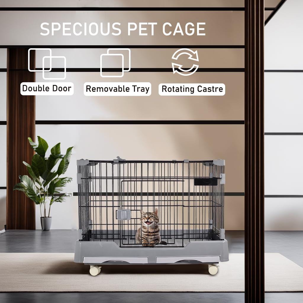 Cat cage playpen for cats & small dogs, Durable meta wire cat cage with Open-top design, Lockable door, Removable tray, and Universal wheels, Ideal for indoor/outdoor, Easy assembly 75 cm (Grey)