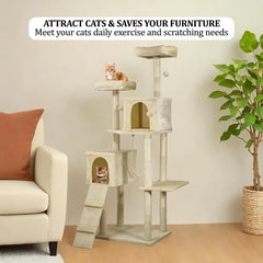 Cat Tree for Big Cats with Top Soft Plush | Paw Shape Perch & Hammock, Multi-level Cat Tower with Cozy Condo | Fun Ladder & Scratching Posts | Indoor Cat Tower House (Beige, 180 cm)