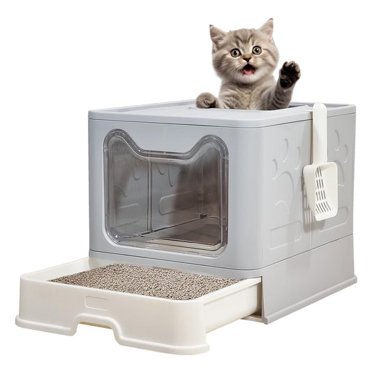 Foldable enclosed cat litter box with Top & Front entry, Transparent door, Sand filter pedal, Litter scoop, and Drawer type, Splash-proof design cat toilet for Indoor cats, Easy to clean 50 cm (Grey)