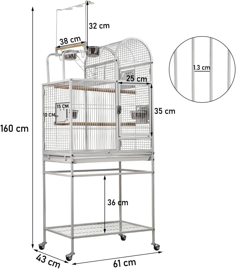 Bird Cage - Wrought Iron Stainless Steel with Storage Shelves White Lovebirds Cage and 4 Feeding Bowls - 160 cm | Toy Hooks above the Top Bird Perch | Perch for Birds | Food Container