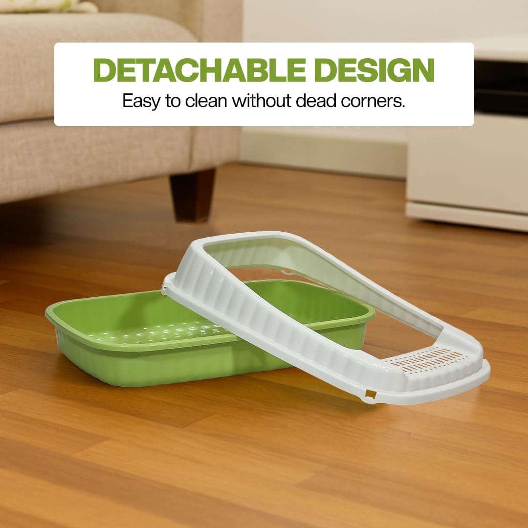 Semi-enclosed Cat litter box for Medium-sized cats, Odor control plastic cat toilet with Litter scoop, Grid design, Lightweight, and Raised fence, Detachable for easy cleaning, 49 cm