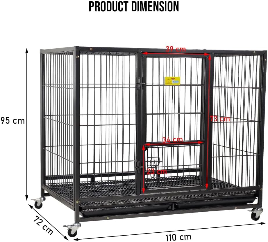 Large Dog Cage Indoor & Outdoor Use - 110 cm Heavy Metal Dog Crate with Lockable Door, Feeding Door, Removable Tray & Universal Wheels - Sturdy Metal Pet Cage (Black, Large)