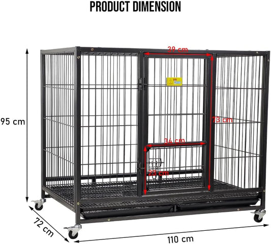 Large Dog Cage Indoor & Outdoor Use - 110 cm Heavy Metal Dog Crate with Lockable Door, Feeding Door, Removable Tray & Universal Wheels - Sturdy Metal Pet Cage (Black, Large)