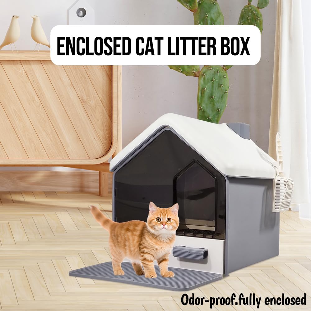 Cat Litter Box with House-Shaped Design - Drawer-Type, Transparent Door, Enclosed Cat Litter Scoop & Cleaning Mat – Splash-Proof & Odor-Control Cat Toilet Box, Easy to Clean
