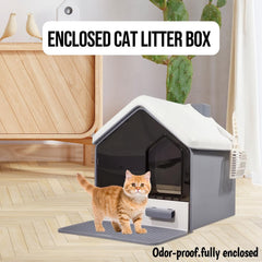 Cat Litter Box with House-Shaped Design - Drawer-Type, Transparent Door, Enclosed Cat Litter Scoop & Cleaning Mat – Splash-Proof & Odor-Control Cat Toilet Box, Easy to Clean