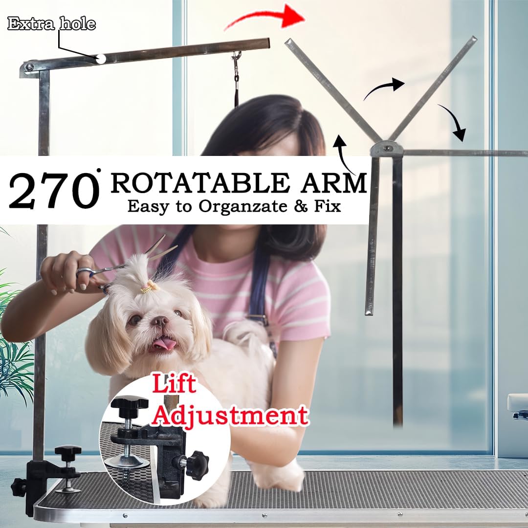 Hydraulic Pet Grooming Table with Pump, Foot lift, and Adjustable feet, Dog grooming table with Adjustable Arm & Secure clamp, Anti-slip Surface and Heavy Duty for all size breeds, 170 cm (White)