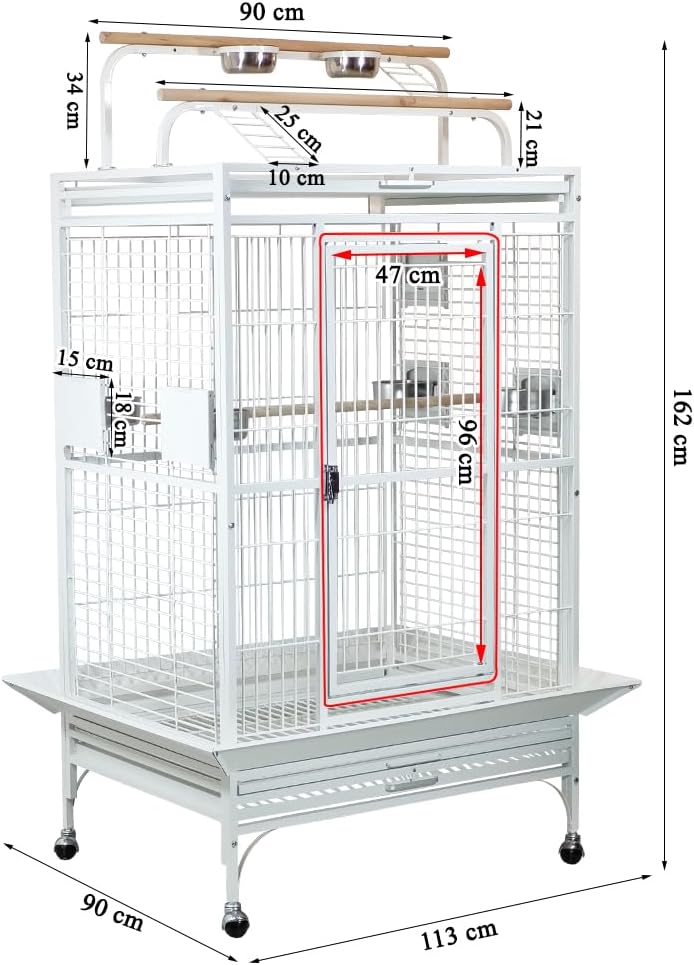 Bird Cage Indoor Large with Open-Top Design - Multiple Perches, Plastic Food Cups, Slide-out Tray & Universal Wheels, Metal Cage for Parrot, Canaries, Lovebirds & Other Birds (White, Extra Large)