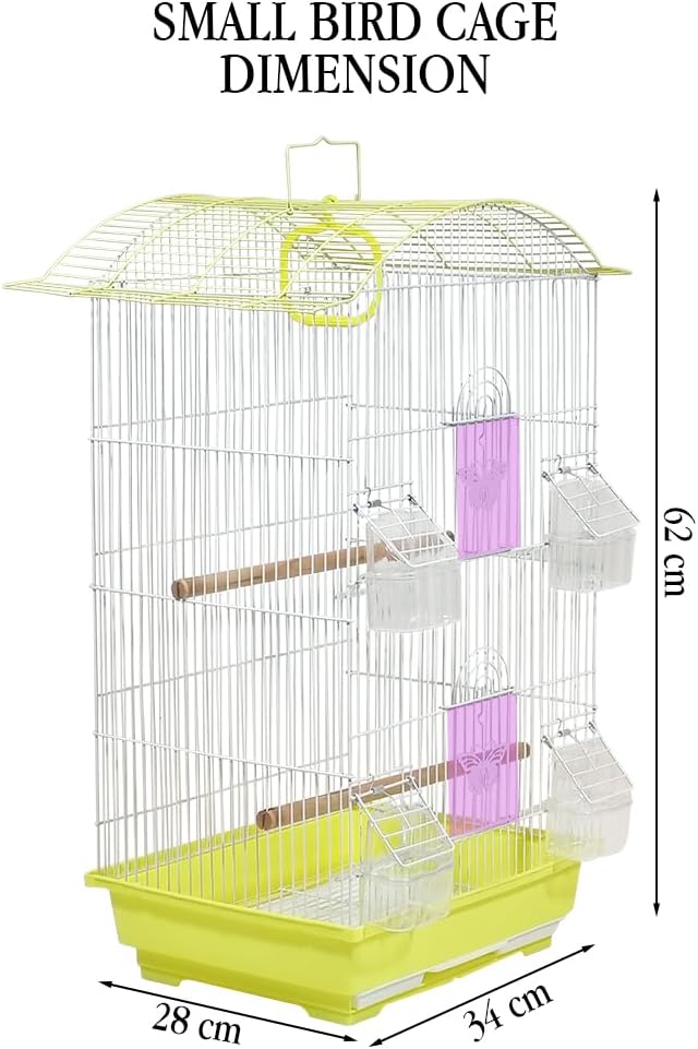Small Bird Cage with Perches, Feeders and Swing, Ideal for Parakeets, Lovebirds, and Small Parrots, 62 cm Metal Cage with Hanging, Pull-out Tray, Portable, Durable and Top-Roof Design (Yellow)