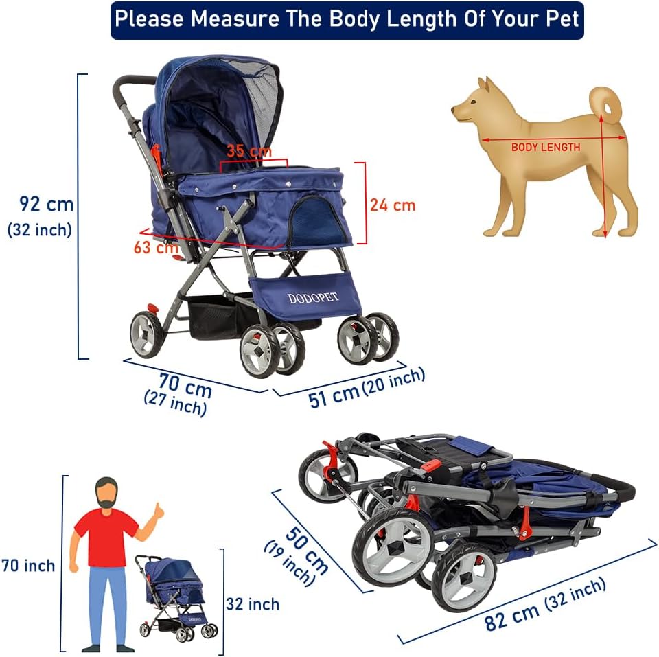 Pet Stroller for Cats and Dogs | Lightweight & Foldable | Dog Stroller with Adjustable Canopy & Spacious Interior | Storage Bag and Universal Wheels | Travel & Outdoor Cat Stroller (Dark Blue)