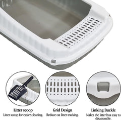 Semi-enclosed Cat litter box for Large-sized cats, Odor control plastic cat toilet with Litter scoop, Grid design, Lightweight, and Raised fence, Detachable for easy cleaning, 59 cm
