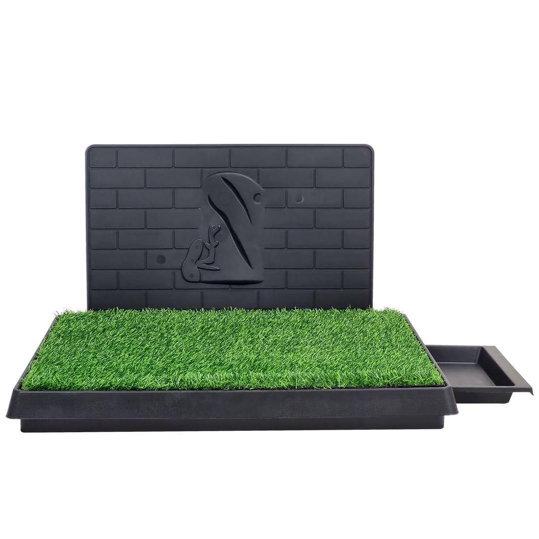 Dog toilet for Small to Medium dogs, Artificial grass pet potty tray with Pee isolation wall, Detachable design, and Slide-out tray, Suitable for Indoor/Outdoor use, Easy to clean, 63 cm (Black)