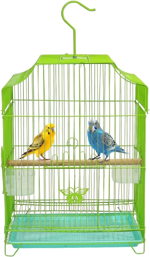 Small Bird Cage with Metal Wire, Ideal for Budgies, Small Parrots, and Parakeets, 45 cm Portable Cage for Indoor-Outdoor, Metal Bird Cage with Hanging, Bottom Tray, Perches, and Feeding Bowls, Green