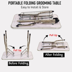 Foldable Pet Grooming Table with Non-slip surface, Folding crossbeams, and Portable Beauty station for small to medium pets, Space saving design, Storage Basket, Adjustable Arm & Noose, 152 cm (Black)