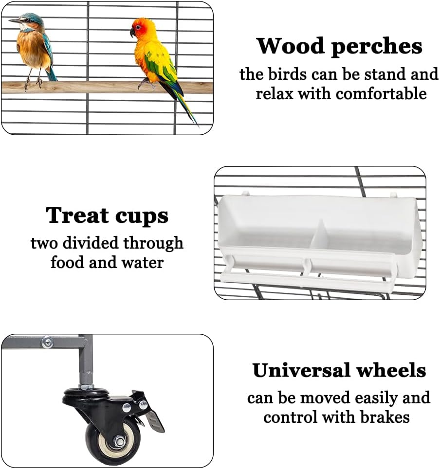 Large bird cage, Durable design and Steel wire, Removable tray and Multiple access doors, Wood perches and Food bowls, Small and medium birds, Universal wheels with brakes 168 cm (Grey)