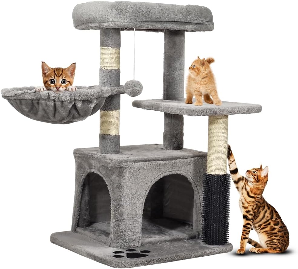 Cat tree activity center with Padded perch, Dangling ball, Cozy hammock, Sisal scratching post, Cozy cat condo, and Self grooming brush, Ideal for kittens and Large cats 78 cm (Grey)