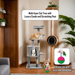 Cat tree activity center for Indoor cats, Multi-level cat tree with Mouse tumbler toy, Top perch, Dangling ball, Sisal scratching post, and Cozy cat condo, Easy to assemble 112 cm (Grey)