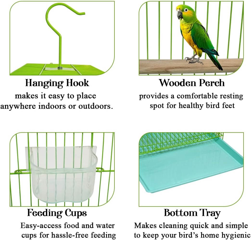 Small Bird Cage with Metal Wire, Ideal for Budgies, Small Parrots, and Parakeets, 45 cm Portable Cage for Indoor-Outdoor, Metal Bird Cage with Hanging, Bottom Tray, Perches, and Feeding Bowls, Green