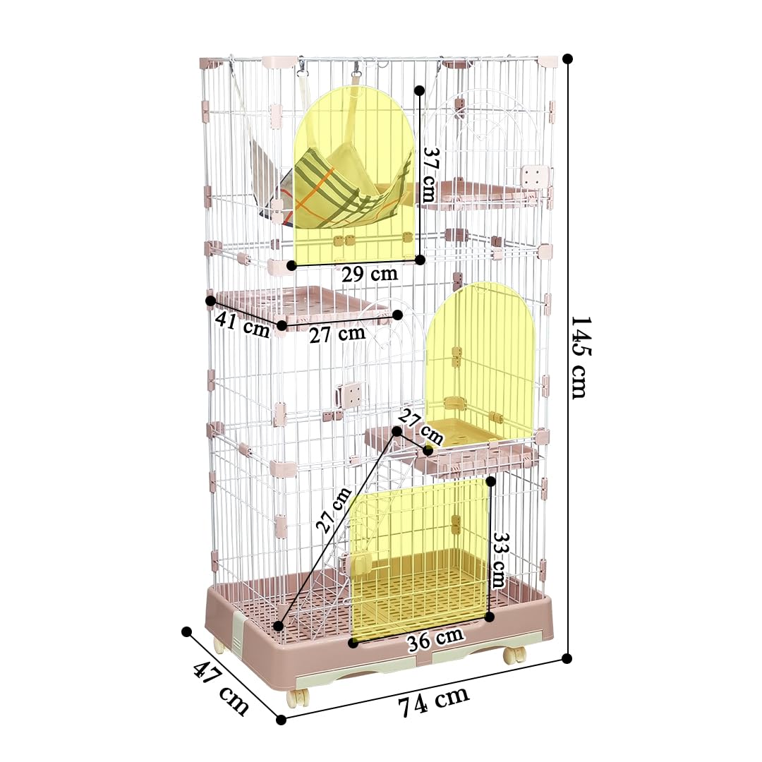 NNC PETS 3-Tier Cat Cage Indoor- Large Metal Wire Cat Crate Kennel with 3 Lockable Doors - Cozy Hammock, Climbing Ladder - Drawer Tray & Universal wheels, Easy Assembly, 145 cm  (Pink, Large)