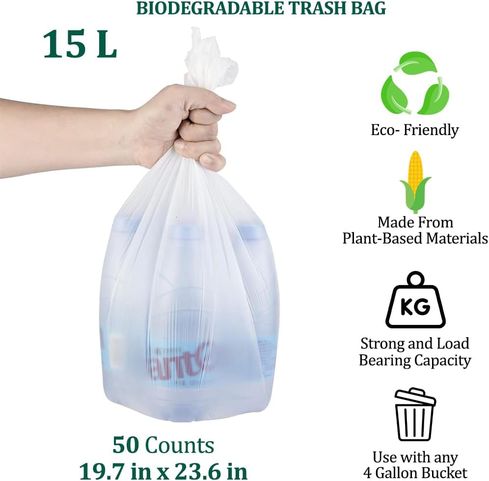 2Pcs Biodegradable trash bags with 15L large capacity and Leak-proof, Multipurpose disposable waste bag for Living room, Office, Bathroom, and Kitchen use, Eco-friendly trash bags (50 Count)